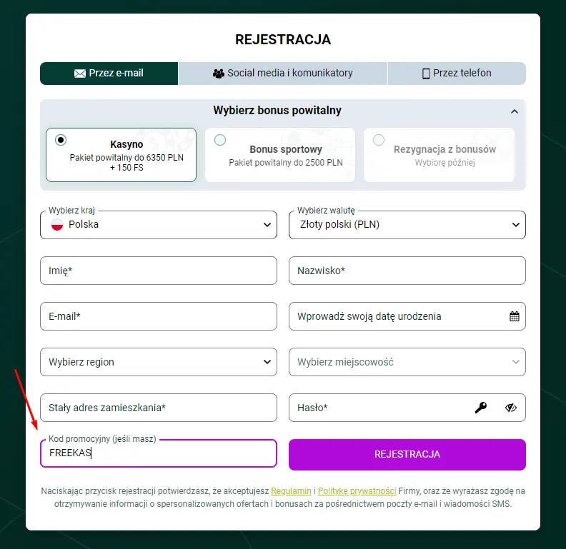 Formularz rejestracyjny z wpisanym kodem bonusowym