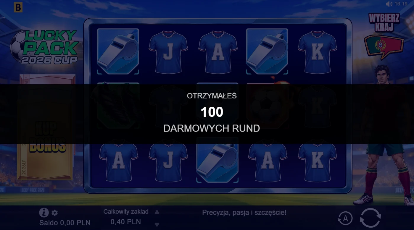 Screen z gry z informacją o 100 darmowych spinach
